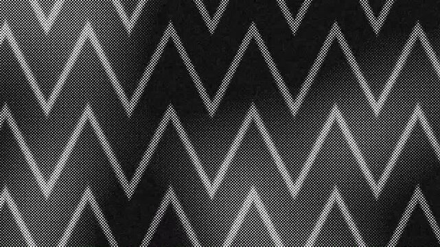 Dynamic Halftone Chevron Pattern Pulsating Across a Textured Grayscale Field with a Vintage Glitch Aesthetic