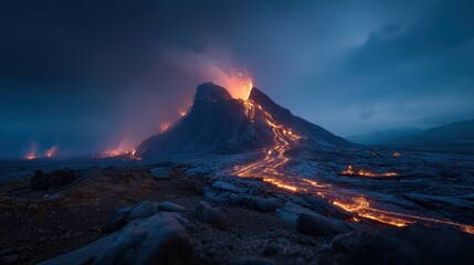 Naklejka premium A volcanic eruption at night, with lava flowing into the ocean and rocks on the ground. The sky is illuminated with a deep blue hue, and the lava is a vibrant orange and yellow.