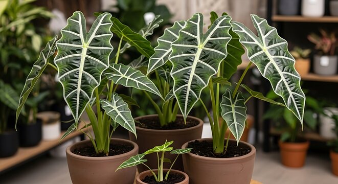 Alocasia Frydek plants in terracotta pots, indoor garden.