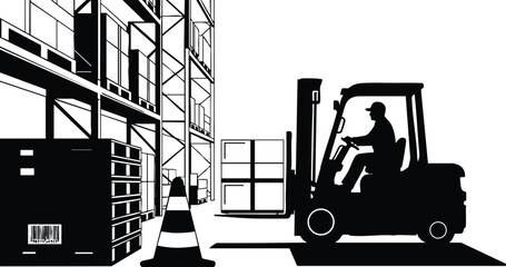 Black and white silhouette of forklift driver lifting pallets in warehouse storage area with safety cone close up side view industrial work environment labor day canva svg celebration design