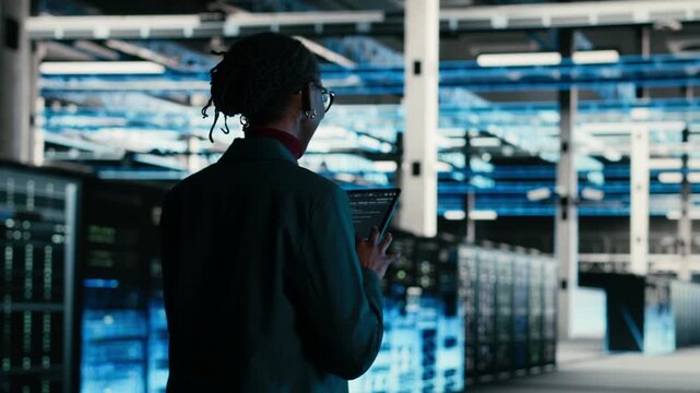 Software developer walks in data center, using tablet and AR technology to debug system errors. Server farm IT professional runs diagnostics on blue wireframe mesh equipment supercomputers, camera B