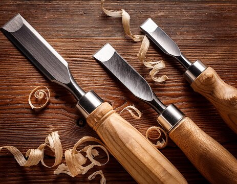 gouge wood chisel carpenter tool working wooden background