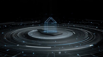 Fototapeta premium Futuristic Mobile Technology Concept with Digital Home Icon in Abstract Circles on Dark Background