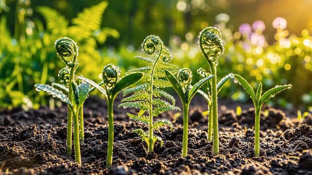 Fresh green plants and fern fiddleheads sprouting from rich soil, glowing in warm sunlight with morning dew. Growth and new life concept.