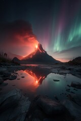 Fototapeta premium A breathtaking night scene of a volcano erupting, illuminated by the aurora borealis, casting a fiery orange and red hue across the landscape. Rocks and water reflect the skys colors.