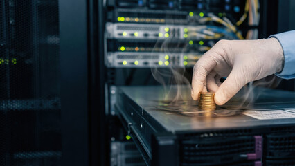 Data center energy consumption high voltage power cost concept with server rack and hand in glove stacking coin on hot metal surface with dramatic smoke rising upward