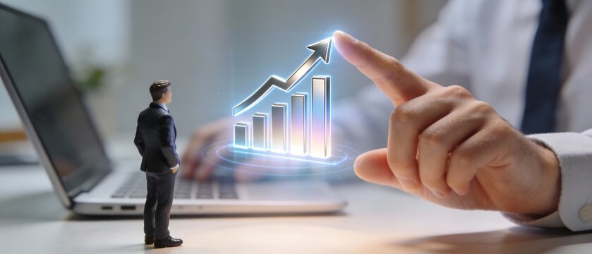 机上でホログラム成長グラフを操作するビジネスプロフェッショナル