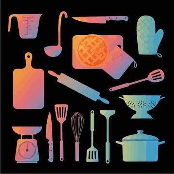 Collection of colorful kitchen utensils and cooking equipment.