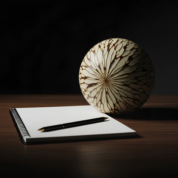 Still Life Composition Notebook Pen and Decorative Sphere.