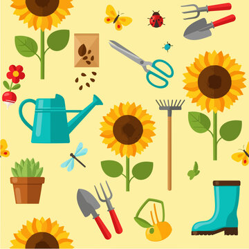 Gardening tools and sunflowers seamless pattern.
