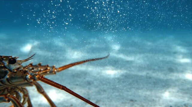 Underwater close-up of a spiny lobster exploring sandy seabed with sunlight filtering through clear blue ocean water