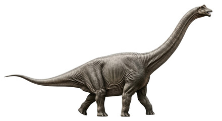 Fototapeta premium a massive apatosaurus dinosaur with detailed, wrinkled, grey-brown skin captured in a dynamic walking pose against a transparent studio background, conveying scientific anatomy study