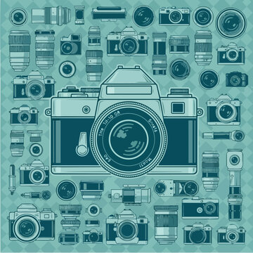 Collection of vintage cameras and lenses arranged in a pattern.