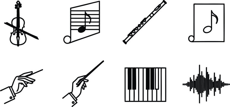 Music icons including violin flute piano notes conductor hands and sound wave on white background