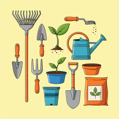 Gardening tools and supplies for planting and growing plants.