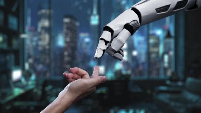 This stock video showcases the interaction between artificial intelligence and human intellect in a futuristic city environment, highlighting technological advancement. Auvana