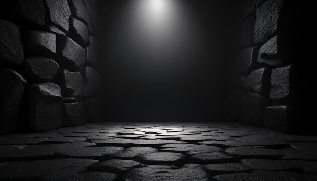black background with spotlight to stone ground dark interior background 3d rendering