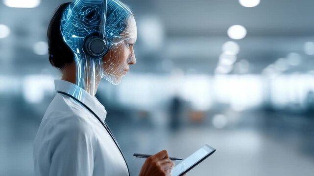 Humanoid robot with glowing digital brain, headset interacts with tablet in sleek office setting. This represents AI integration, smart technology, future workplace automation