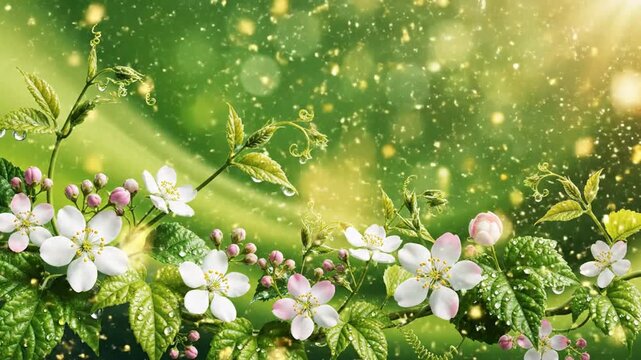 Fresh Spring Blossoms with Dew Drops and Golden Sunlight Bokeh Background