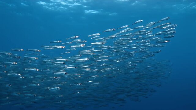 Vast School of Small Silver Fish Swims Together in Deep Blue Ocean Water Sunlight Shimmers on Surface Causing Ripples
