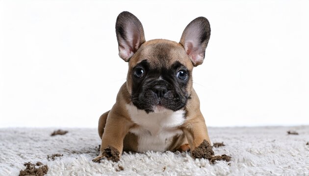 guilty french bulldog puppy sitting on white rug with muddy paws