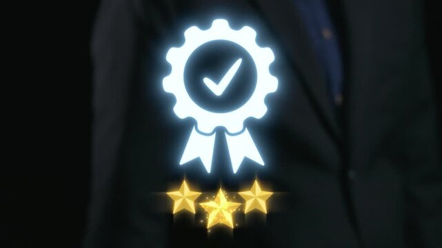 Glowing badge and five stars symbolize trust and excellence in a professional context, highlighting the importance of quality assurance in products and services. Qubit