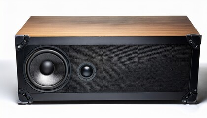Obraz premium subwoofer in a black wooden enclosure on a white isolated background for your design