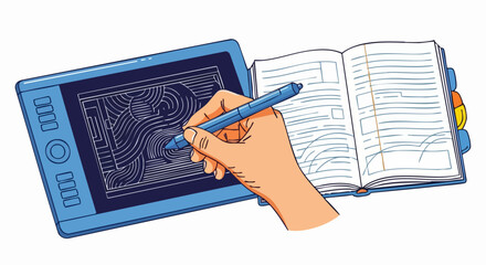 Hand using digital drawing tablet and stylus next to open notebook.