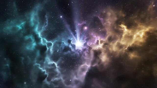 Colorful cosmic nebula with radiant starburst and swirling gaseous clouds in deep space