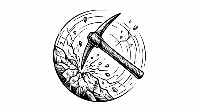 Pickaxe striking rock with explosive force and debris.