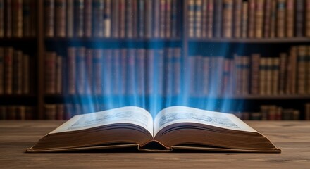 Naklejka premium Open Book with Glowing Light in Library - Knowledge and Imagination.