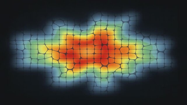 Shot focusing on heatmap visualization of consumer interactions autosegmented by AI with crisp detail on colorcoded zones and soft focus elsewhere.