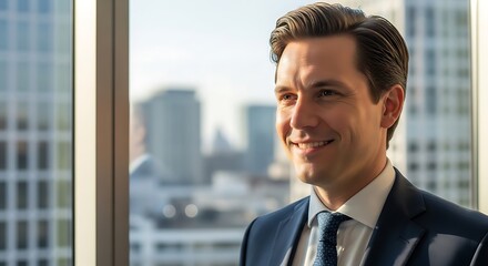 Fototapeta premium Smiling businessman in a suit looking out a window with city buildings in the background