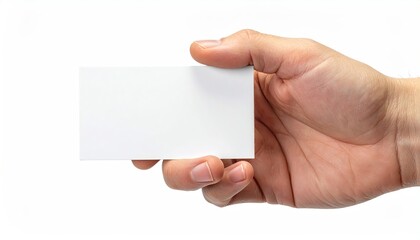 Obraz premium A hand holds a blank, white rectangular card against a plain, white background