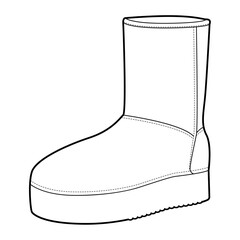Winter mid boot women single line. Flat fleece lined boot for snowy walk cozy travel and daily errands. Technical fashion illustration CAD mockup clean vector man unisex isolated modern style. © Vectoressa