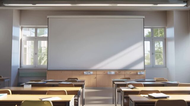 Empty classroom with desks and chairs in a modern school interior with windows
