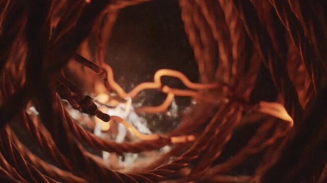 Warm light tunnel of twisted wires abstract scene