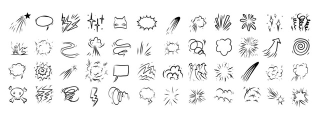 Comic effect manga elements set in black ink on white background. Hand drawn doodle bursts, speed lines, speech bubbles and explosive marks for retro superhero layouts, posters and manga pages. © Vectoressa