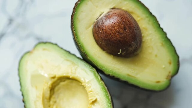 Halved avocado on marble surface with pit still intact in one half