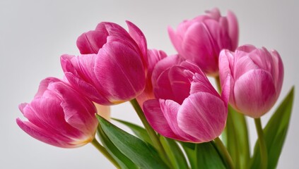 Fototapeta premium Elegant Pink Tulip Bouquet - Fresh, Vibrant Petals and Green Stems Against a Soft Background, Celebrating Spring.