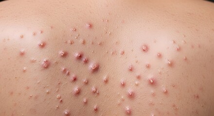 Fototapeta premium A close-up view of a person's back covered in numerous small red bumps and pimples, likely caused by acne or a skin condition.