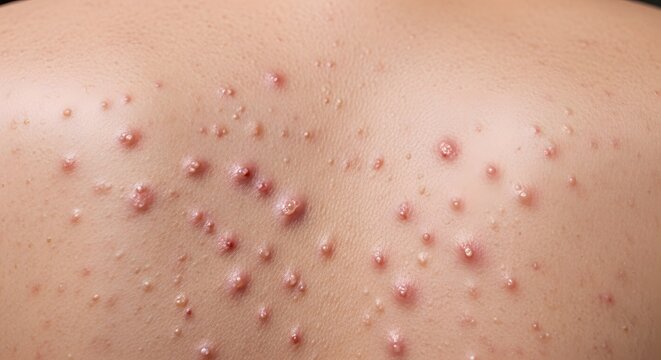 A close-up view of a person's back covered in numerous small red bumps and pimples, likely caused by acne or a skin condition.