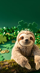 Naklejka premium Vertical portrait of a smiling sloth wearing a shamrock headband. St Patricks Day celebration