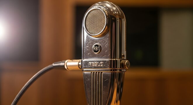 A vintage microphone stands alone in a recording studio with a blurred background.