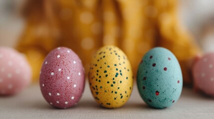 Fototapeta premium A festive collection of decorated Easter eggs showcasing vibrant colors and intricate polka dot and speckle designs presented in a shallow depth of field for a soft warm atmosphere