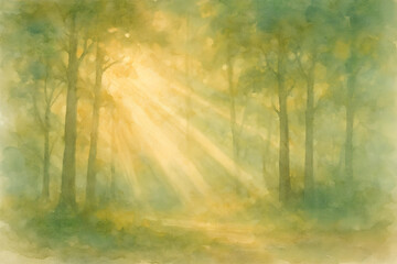 Obraz premium Sunbeams piercing through a forest, creating a dreamlike and serene atmosphere. Trees stand tall as the light filters through, evoking a sense of calm and wonder