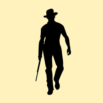 Silhouette of a man with cowboy hat and holding a shotgun on hand concept design, icon of character of sherif with weapons. Vector illustration.