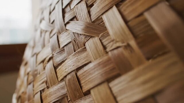 Woven wicker basket texture in warm light close up