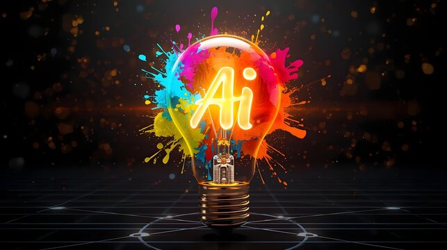 Creative artificial intelligence light bulb design with colorful paint splatters and dark background