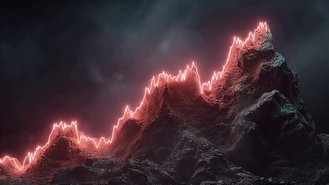 Glowing mountain range with lava flows on dark background with smoke